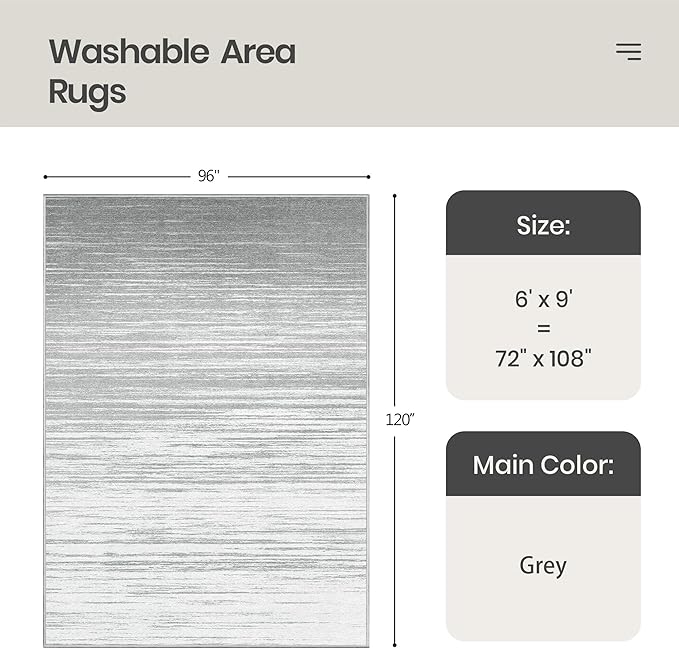 Valenrug Washable Rugs 6x9 - Non Slip 6x9 Area Rugs for Living Room, Stain Resistant Area Rugs for Bedroom, Foldable Machine Washable Area Rug(6'x9', Grey)