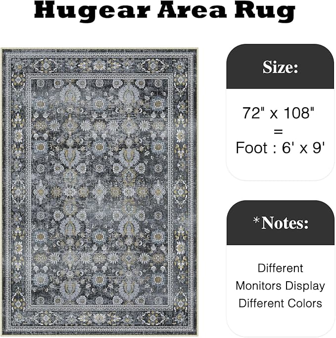 HUGEAR 6x9 Area Rug Black Vintage Machine Washable Living Room Retro Rugs Distressed Floral Vacuumable Low Pile Carpet Bedroom Office Dining Room Laundry Room Non Slip Soft Lightweight