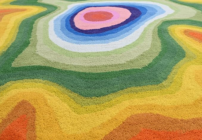 Irregular Shaped Handmade Wool Area Rug | Modern Colourful Stripe Premium Carpet | Perfect for Living Room, Bedroom, Dining Room & Home Decor (Rainbow, 4x4 ft)