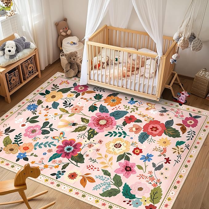Floral 6x9 Area Rug Machine Washable Soft Print Boho Carpet Non Slip Doormat Low Pile Flower Area Rugs for Living Room Bedroom Nursery Kitchen Dining Room Indoor-Pink