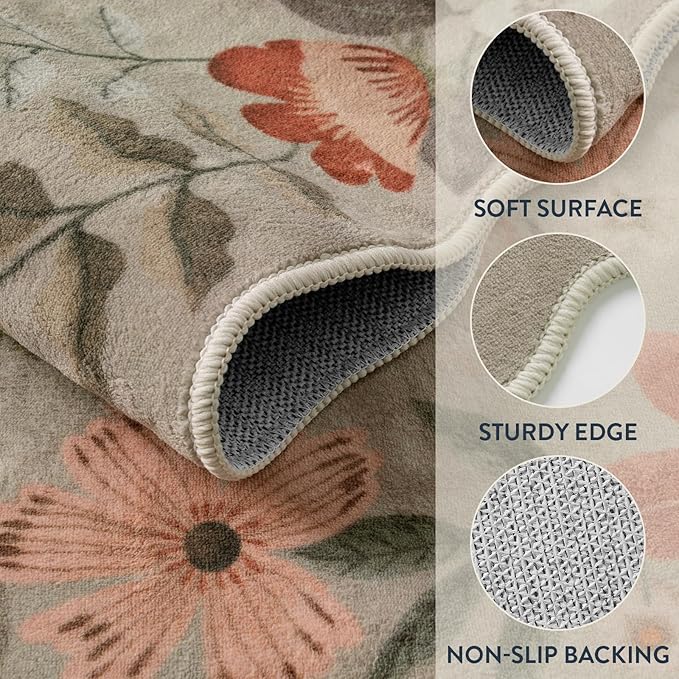 Lahome Floral Washable Rugs for Bedroom, 4X6 Area Rug Ultra-Thin Soft Living Room Rug, Non-Slip Classroom Stain Resistant Lightweight Boho Low-Pile Throw Carpet for ‎Office, Brown