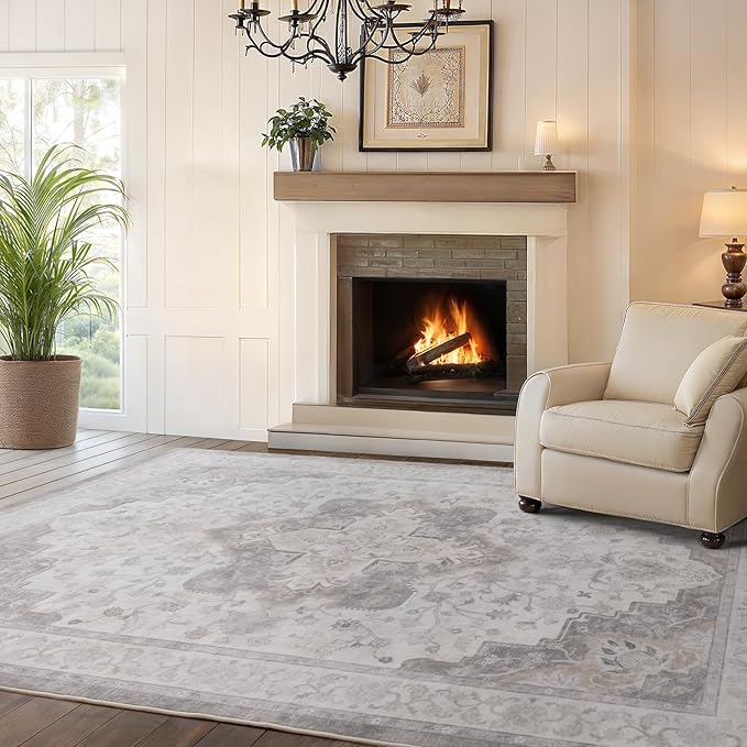 Marsail Area Rug 5x7, Soft & Slip-Resistant Large Area Rug with Reinforced Bound Edges, Vintage Short-Pile Washable Rug with Floral Pattern for Living Room, Dinning Room and Bedroom, Brown