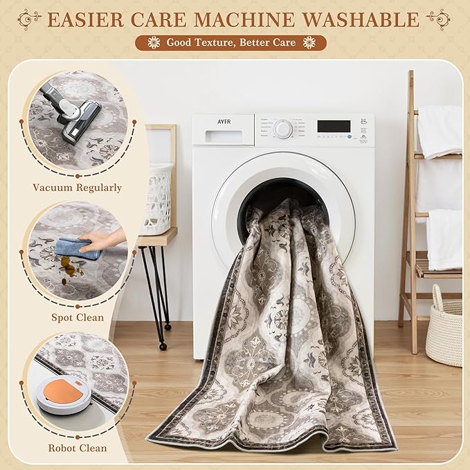 EnHomee Washable Area Rugs 4x6, Soft Area Rug for Living Room Bedroom, Boho Non Slip Low Pile Stain Resistant Washable Rug Large Carpet for Dining Room,Easy to Clean Living Room Rug, Khaki