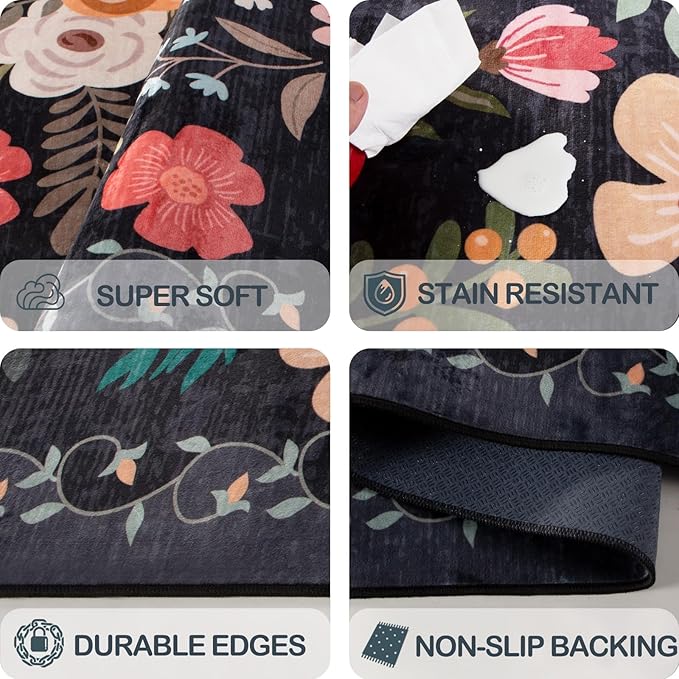 Area Rug for Living Room, 10x12 Large Washable Rugs for Dining Room, Bedroom, Non Slip Stain Resistant Carpet, Low Pile Vintage Floral Rug (Black)