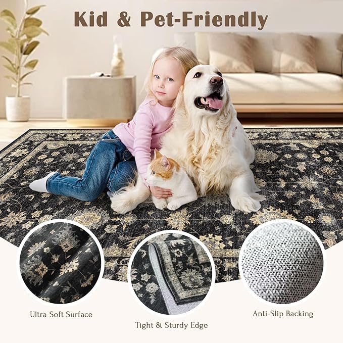 3x5 Washable Area Rug - Small Entryway Rug Non-Slip Charcoal Black Vintage Traditional Floral Kitchen Rugs Low Pile Boho Entry Carpet Throw Rugs for Living Room Bedroom Bathroom Entrance Office
