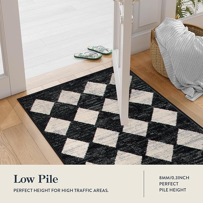Lahome Checkered Washable Rug Runners for Hallways Non Slip,2x10 Black Kitchen Bathroom Runner Rug,Trellis Low Pile Indoor Carpet Runner for Bedroom Entryway Foyer(2'x10',Black)