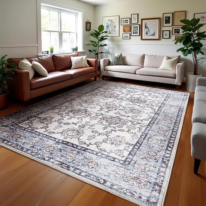 Area Rug for Living Room, 8x10 Machine Washable Non Slip Large Faux Wool Throw Rug, 0.3″ Low Pile & Non-Shedding Boho Large Carpet Rugs for for Dining Room, Bedroom, Office (Gray Purple)