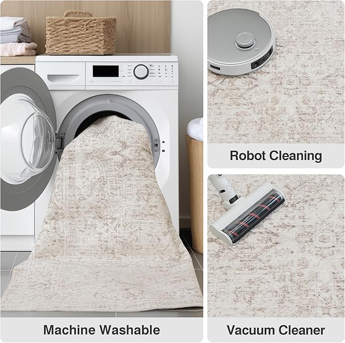 Fmfunctex 9x12 Washable Area Rug Beige Vintage Neutral Distressed Oriental Large Non Slip Carpet for Living Room Bedroom Soft Low Pile Indoor Mat Retro Throw Rug for Dining Room Kitchen Office Nursery