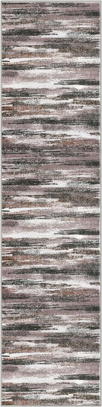 Modern Abstract Runner Rug 2.6x10, Dark Light Brown White Washable Long Kitchen Runner Non-Slip Soft Hallway Rug Runner Thin Print Faux Wool Carpet for Entryway Bedroom Laundry Room Indoor