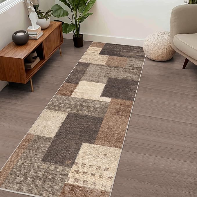 Modern Geometric Patchwork Indoor Runner Rug for Living Room, Beige 2.7'x 10' Large Rug Rockwood Collection Hardwood Floors Decor for Bedroom, Beige Throw Carpet for Office Entryway Dining Room