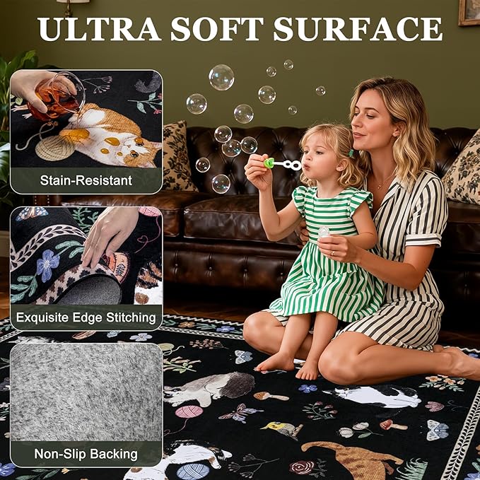 9x12 Area Rugs Living Room Rug: Vintage Washable Rug Floral Soft Carpet Indoor Floor Non-Slip Boho Stain Resistant Large Carpets for Bedroom Kids Nursery Dining Room Farmhouse Home Office Black/C01