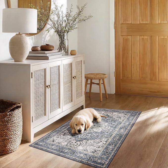 PURRUGS Vintage Farmhouse Boho Throw Rug 3x5 ft, Non-Slip Machine Washable Rug, Accent Oriental Area Rug for Entryway, Kitchen, Bedroom, Living Room and Dining Room, Periwinkle Gray/Soft Ivory