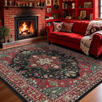 Area Rugs 9'x12' Washable Non-Slip, Floral Vintage Distress Print Pattern Medallion Carpet for Living Room Bedroom Dining Room, Red Black