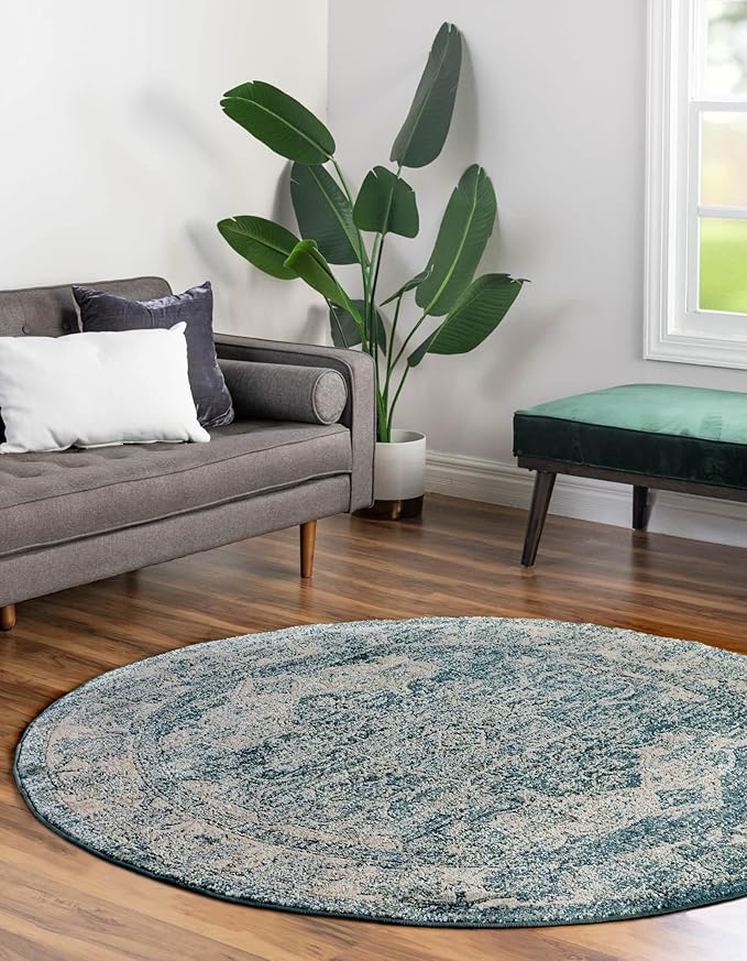 Unique Loom Isabella Collection Area Rug - Adjani (5' 1" Round, Blue/ Beige)