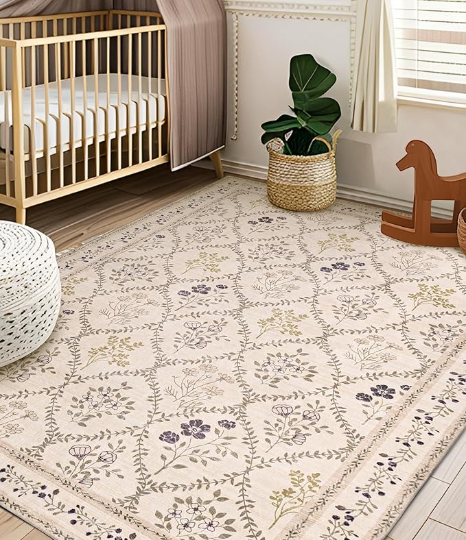 YIHOUSE Beige Floral Print Rugs, Moroccan Trellis 10x14 Washable Large Rug, Modern Pastel Non Slip Ultra-Thin Area Rug for Classroom, Nursery Playroom,Dorm,Bedroom,Living Room, Beige Multi