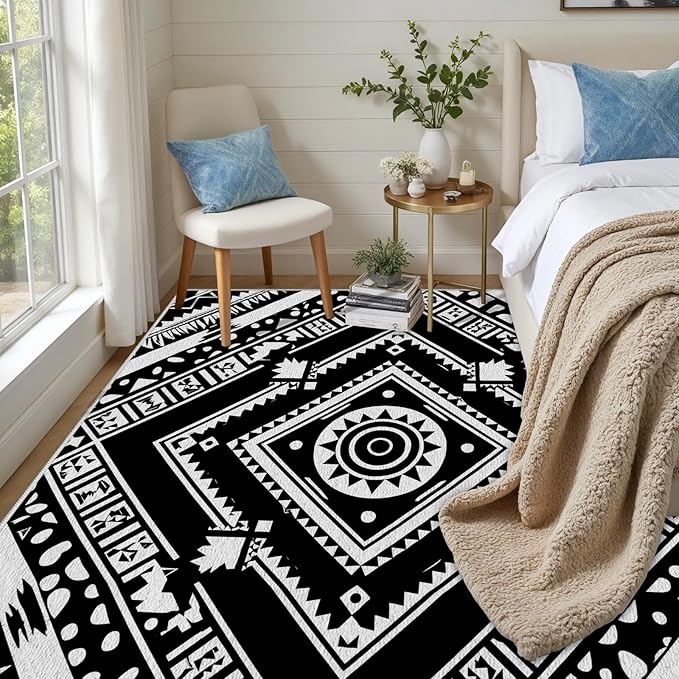 Area Rugs for Living Room 7x10, Moroccan Washable Low Pile Rug, Boho Neutral Farmhouse Ultra Soft Carpet for Bedroom Dining Room Home Decor, Geometric Print Tribal Carpets Black and White