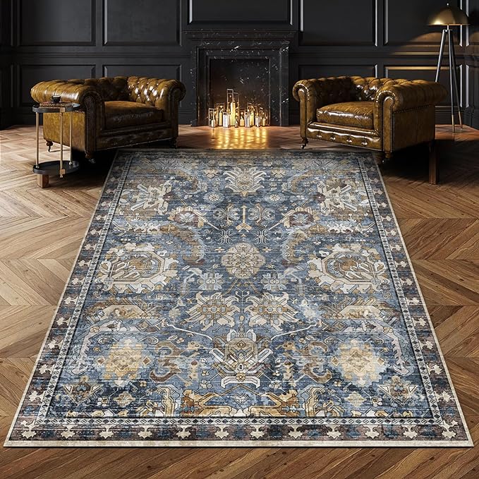 RUGSURE Washable Area Rugs - Perfect for Living Room, Bedroom, Kids Room, Nursery - Stain & Water Resistant Non-Slip, Pet & Child Friendly, Vintage Tribal Area Rugs (Navy, 9' x 12')
