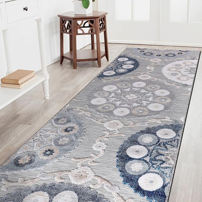 CAMILSON Runner Outdoor Rugs Oriental Retro Traditional Floral Medallion Area Rug 2x10 Non-Shedding Stain Resistant Indoor Carpet for Bathroom Hallway Kitchen Office (2 x 10 / Blue)