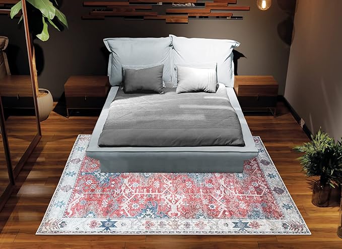 Bloom Rugs Washable Non-Slip 4' x 6' Rug - Red/Blue Traditional Area Rug for Living Room, Bedroom, Dining Room, and Kitchen - Exact Size: 4' x 6'