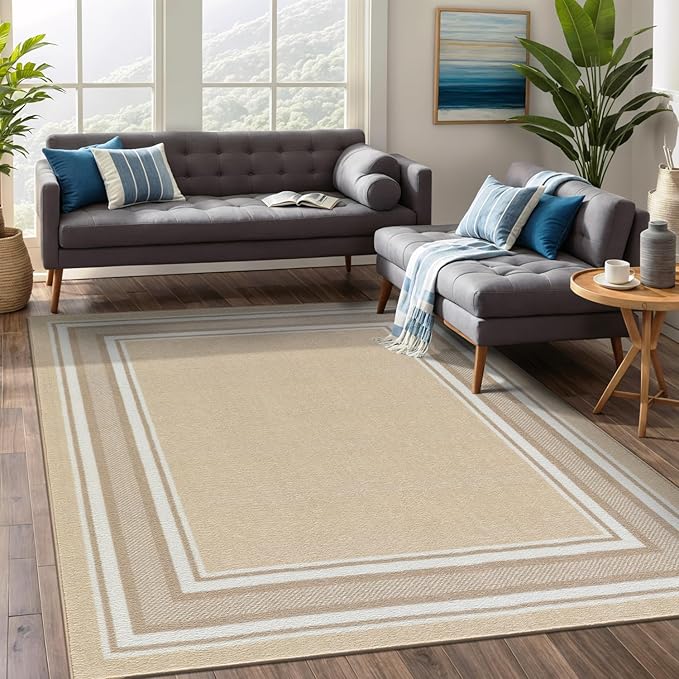 Beverly Rug Non Slip Area Rugs 3x3 Modern Bordered Non Skid Rubber Backing Soft Area Rug for Living Dining Room Easy to Clean Non Shedding Kitchen Bedroom Indoor Carpet 3 x 3 Beige