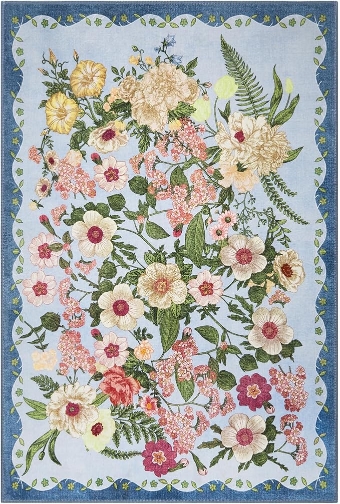 Door Mat Entrance 2x3 Rug - Floral Rugs Washable Small Area Rug Non-Slip Stain Resistant Low Pile Flower Print Throw Rugs for Indoor Entryway, Bedroom, Kitchen, Front Door, Entry - Blue