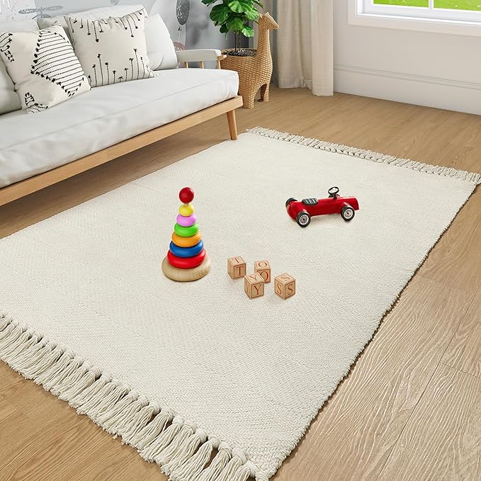 Collive 4x6 Small Area Rug for Living Room, White/Beige Woven Cotton Bedroom Carpets Modern Comfy Indoor Nursery Rug Farmhouse Accent Carpet for Dining Room, Bedside, Office, Patio Decor