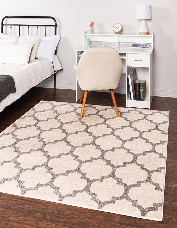 Rugs.com Lattice Collection Rug – 8 Ft Square Beige and Gray Medium-Pile Rug Perfect for Living Rooms, Kitchens, Entryways