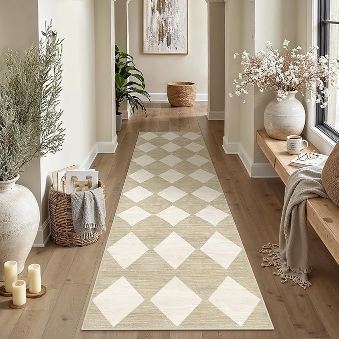 3x8 Runner Checkered Rug for Hallways Beige Washable Long Carpet Non-Slip Low Pile Boho Indoor Accent Throw Rug for Entrance Kitchen Bedroom Dining Laundry