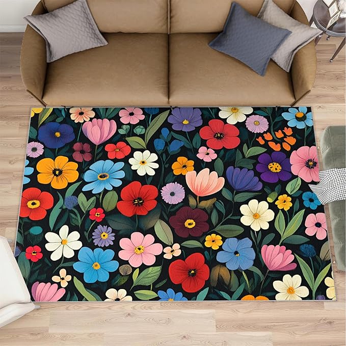 Boho Flowers Rugs for Bedroom - 5x8 Area Rug - Cartoon Flowers Rugs for Living Room, Abstract 3D Floral Rug, Non-Slip Washable Home Decor Carpet