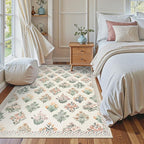 Wonnitar 5x7 Rug for Bedroom Decor, Washable Nursery Rug for Baby, Neutral Ultra-Thin Non Slip Floral Print Carpet for Kids Room Farmhouse Living Room Office, Cream Beige