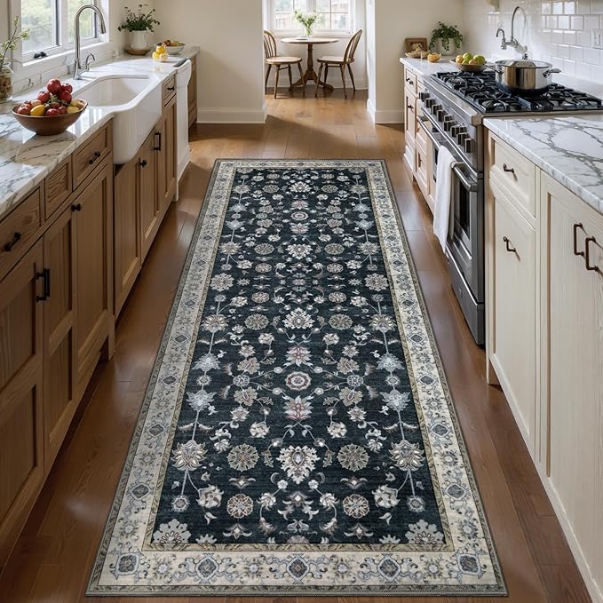 Tangsoo Floral Runner Rug 2x6 Washable Rug for Hallway, Non-Slip Vintage Black Runner Rug for Entryway Indoor, Brown Print Carpet Runner Rugs, Soft Low Pile Long Rug Runner for Kitchen