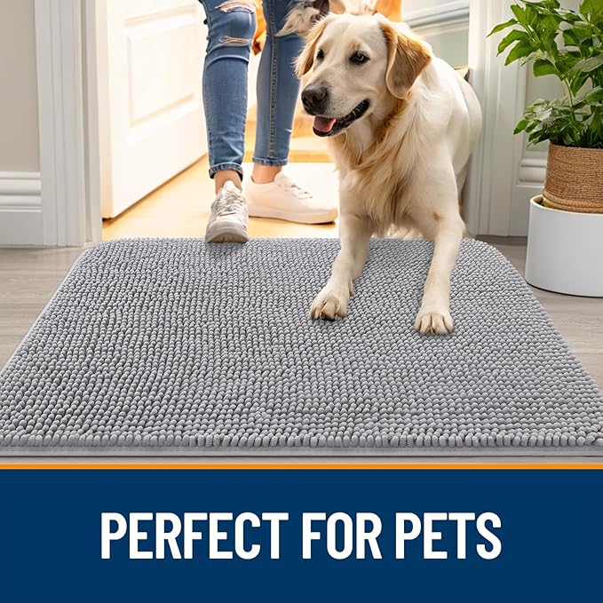 OLANLY Dog Door Mat for Muddy Paws 47x20, Absorbs Moisture and Dirt, Absorbent Non-Slip Washable Doormat, Quick Dry Chenille Mud Mat for Dogs, Entry Indoor Entryway Carpet for Inside Floor, Light Grey