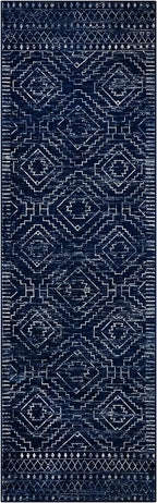 Wonnitar Washable Runner Rug for Kitchen, 2'6"x8' Moroccan Blue Hallway Carpet Runner, Non-Slip Long Geometric Rustic Entryway Floor Runner Soft Throw Mat for Bedroom Bathroom Closet (Blue,2'6"x8')