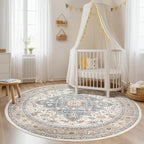 Round Rug Living Room Rugs: 8Ft Washable Boho Neutral Large Circle Soft Indoor Distressed Stain Resistant Floor Farmhouse Carpet for Bedroom Nursery Kids Playroom Office Dining Room Dorm- Beige Blue