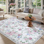 Lahome Purple Floral 5x7 Area Rugs, Boho Rugs for Bedroom Girls,Vintage Living Room Rug Non Slip Low Pile Ultra-Thin Large Carpet for Farmhouse,Dining Room,Kids Playroom,Nursery(5'X7',Purple/Grey)