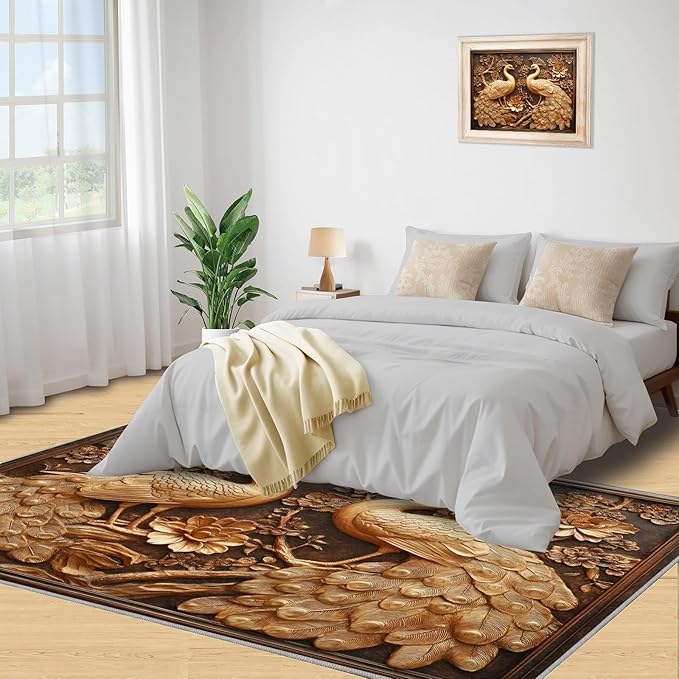 Peacock Rugs for Bedroom - 4x5 Rug, European Style Area Rugs for Living Room, Peacock Decor Carpet, Gold Peafowl Washable Area Mat, Luxury Carpet - Peafowl Home Decor & Gifts