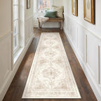 Runner Rug 3x10 Cream Hallway Washable Beige Carpet Non Slip Vintage Medallion Beige Carpet Low Pile Soft Distressed Retro Indoor Long Rug for Entryway Kitchen Bathroom Laundry Bedroom