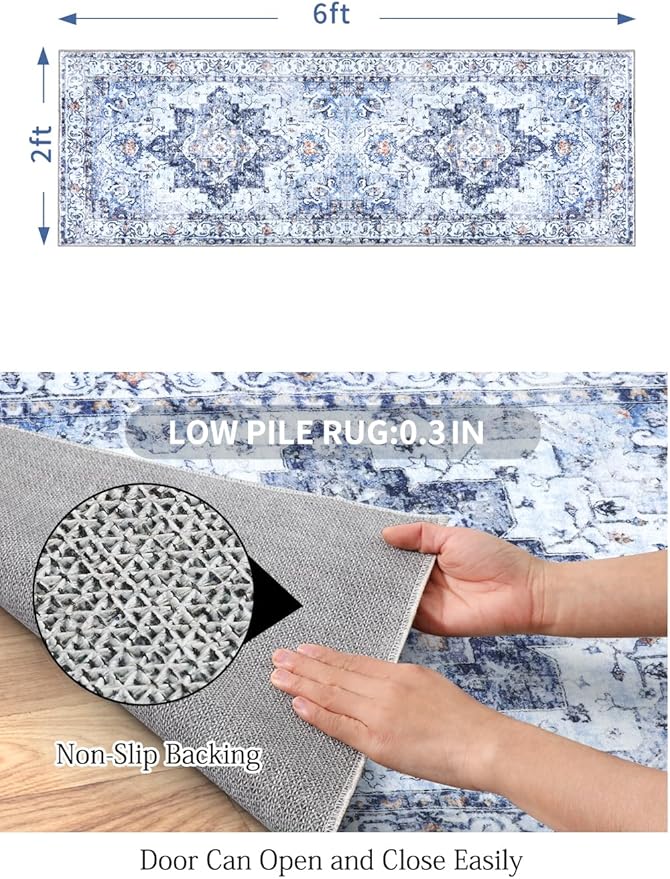 COMSLE Boho Runner Rug, 2x6 Washable Rugs for Hallway Faux Wool Small Throw Rug Distressed Kitchen Area Rug Non-Slip Laundry Room Rug Carpet Runner for Entryway Indoor Bedroom (Blue)