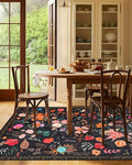 Boho Washable Area Rug 6x9 for Living Room, Bedroom, Office, Playroom, Kitchen or Dining Room, Soft Floral Carpet for Indoor Use, Easy Care Non-Slip Design (Black)