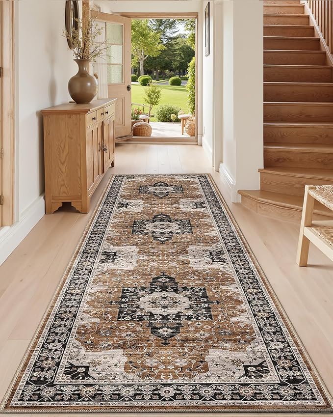 DEXI Hallway Runner Rug 3x12, Distressed Non Slip Runners Carpet, Boho Vintage Soft Thin Indoor Rug, Stain Resistant Washable Entry Mat for Entryway Kitchen Laundry Room Living Room, Brown