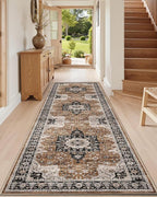 DEXI Hallway Runner Rug 3x12, Distressed Non Slip Runners Carpet, Boho Vintage Soft Thin Indoor Rug, Stain Resistant Washable Entry Mat for Entryway Kitchen Laundry Room Living Room, Brown