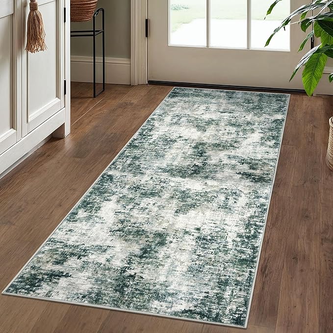 Modern Abstract Runner Rug 2x5, Grey Green Washable Entryway Kitchen Runner Non-Slip Soft Hallway Rug Runner Thin Print Faux Wool Carpet for Bedroom Laundry Room Indoor