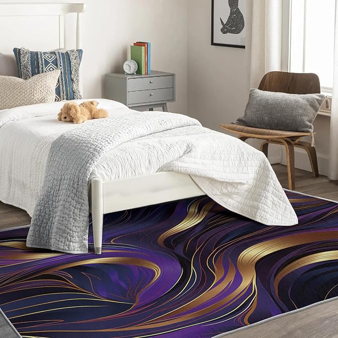 Purple and Gold Rug, 3x5 Rug, Luxury Rugs for Entryway, Abstract Small Area Rug, Washable Rug Non Slip Soft Indoor Carpet, Kids and Pets Friendly, Purple and Gold Home & Room Decor
