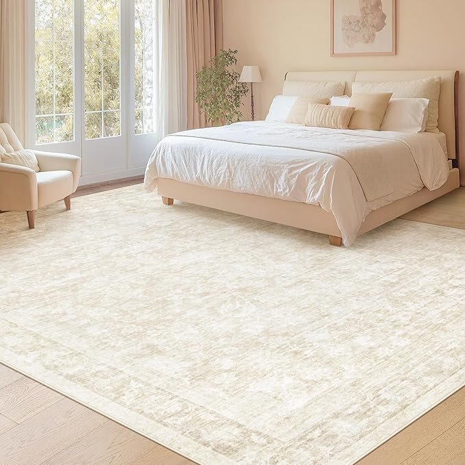 8x10 Area Rugs for Living Room: Washable Large Vintage Floral Rug Low Pile Non-Slip Boho Carpet for Bedroom Dining Home Office (Beige, 8'x10')
