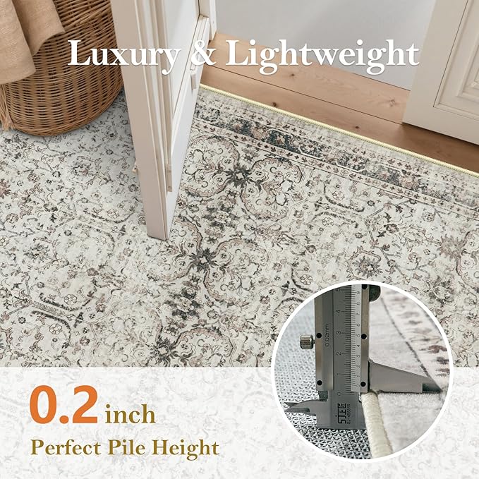 Moynesa Grey Rugs for Living Room 8x10, Vintage Washable Area Rug for Bedroom Dining Room Office, Low Pile Soft Non-Slip Retro Neutral Carpets for Kitchen Indoor Nursery