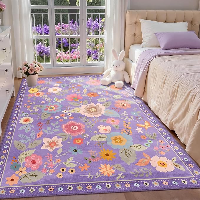 Floral 4x6 Area Rug Machine Washable Soft Print Boho Carpet Non Slip Doormat Low Pile Flower Area Rugs for Living Room Bedroom Nursery Kitchen Dining Room Indoor-Purple/Pink/Multi