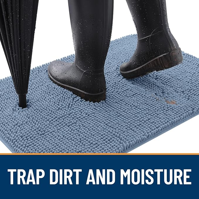 OLANLY Dog Door Mat for Muddy Paws 32x20, Absorbs Moisture and Dirt, Absorbent Non-Slip Washable Doormat, Quick Dry Chenille Mud Mat for Dogs, Entry Indoor Entryway Carpet for Inside Floor, Airy Blue