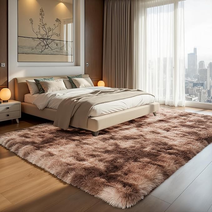 Zentavio Area Rugs for Living Room Large Rugs for Bedroom 6x9 Soft Carpet Fluffy Furry Shag Aesthetic Plush High Pile Gray Throw Rug for Nursery Kids Room Dorm Tie-Dyed Coffee