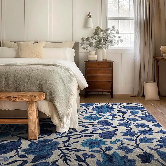 EVERGRACE Area Rugs for Living Room 8x10, Boho Floral Faux Wool Indoor Outdoor Rugs, Washable Rugs for Bedroom Dining Room Entryway Kitchen, Low Pile Floor Mat Carpet for Home Decor, Celtic Blue