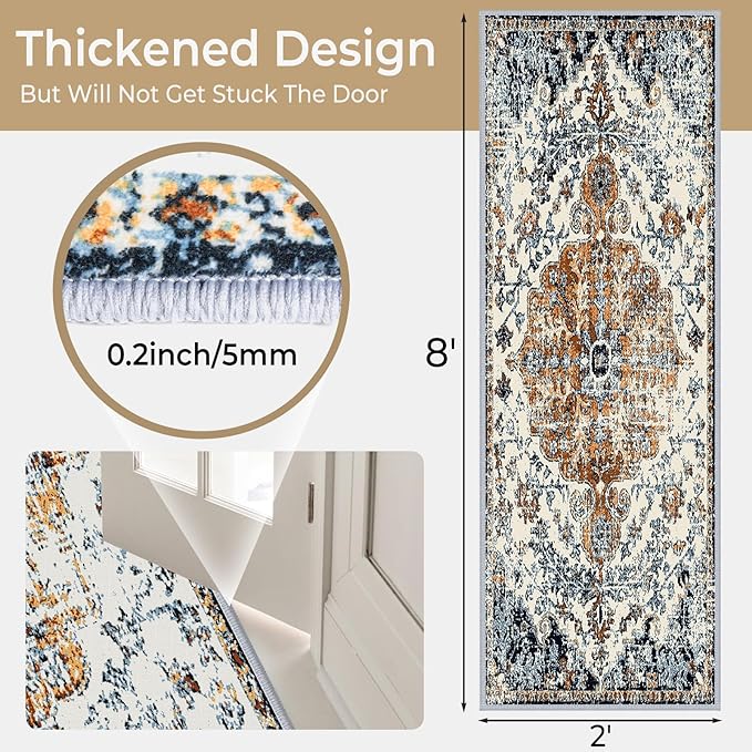 Kitchen Runner Rug 2x8 Washable Runner Rug Vintage Entryway Hallway Runner Rugs with Non Slip Rubber Backing Distressed Area Rug Runners Carpet for Farmhouse, Living Room, Bedroom, Laundry